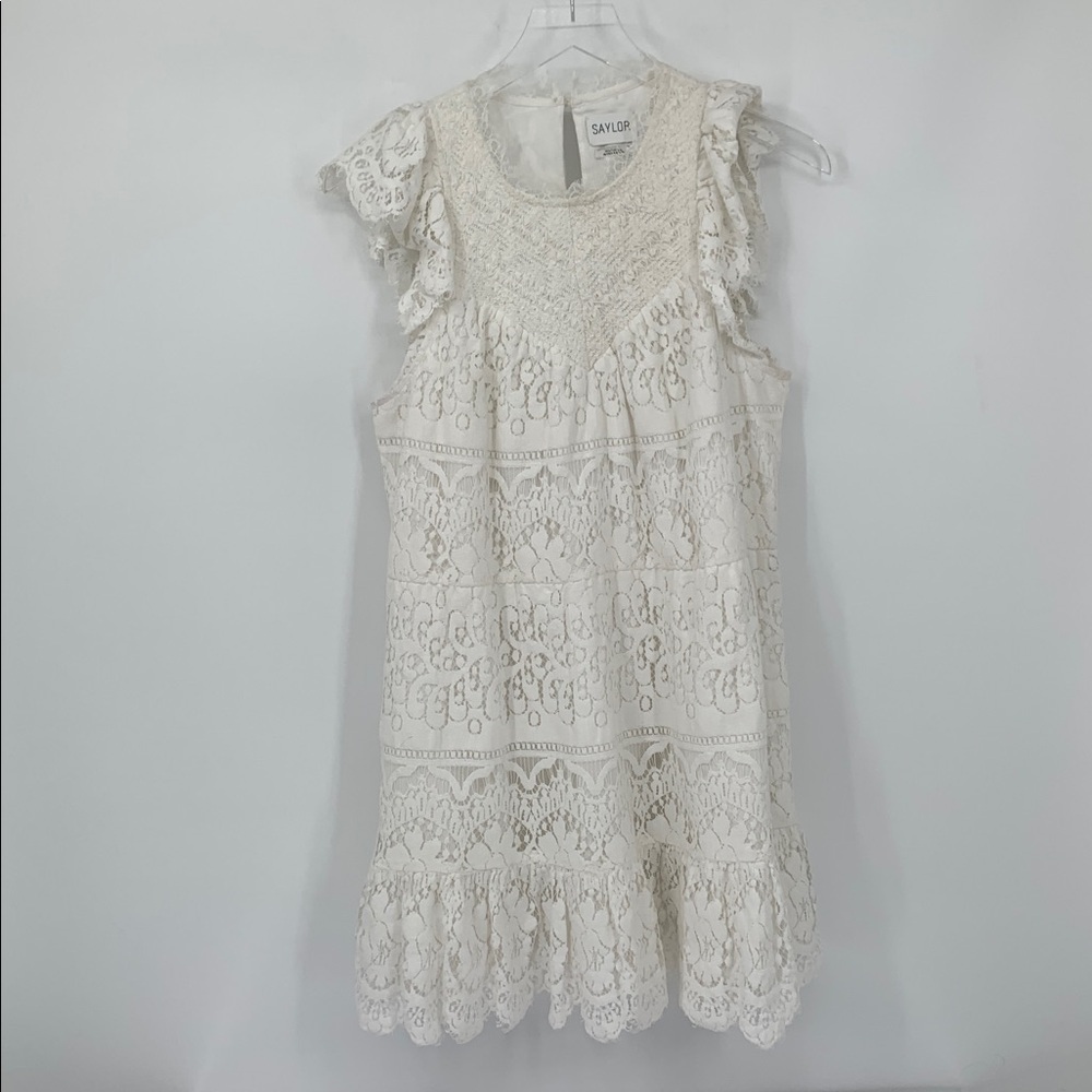 SAYLOR lace a-line mini dress white smocking ruffle flutter sleeve Victorian L